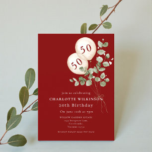 Elegant Balloons Eucalyptus 50th Birthday Invitation