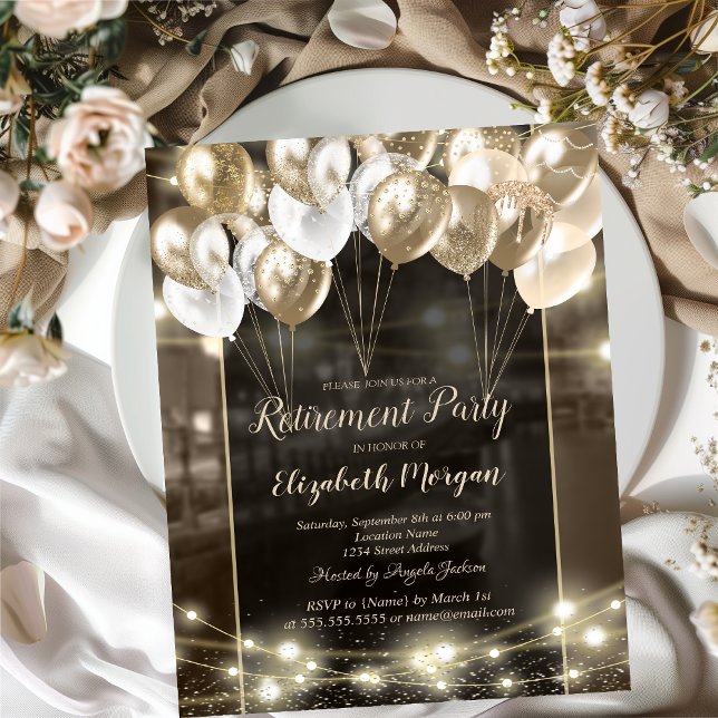 Elegant Balloons String Lights Brown Retirement Invitation (Creator Uploaded)