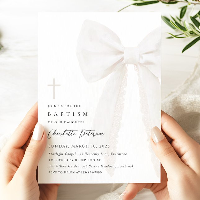 Élégant Baptême de Bow Blanc Invitation (Créateur téléchargé)