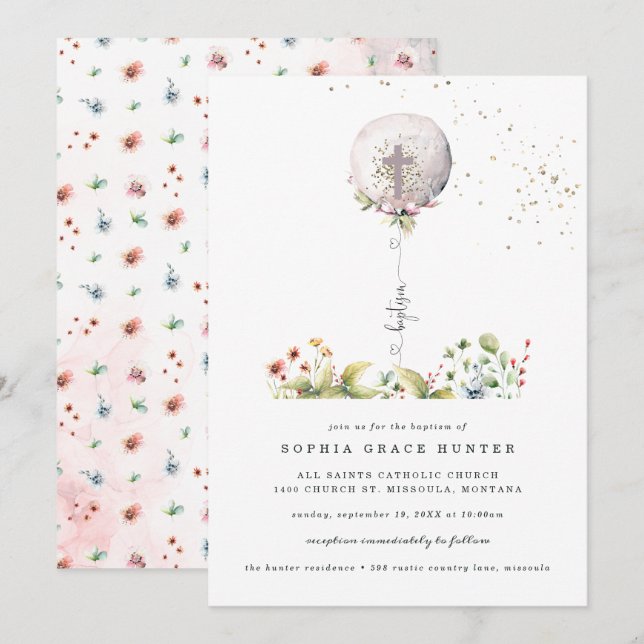 Élégant Baptême Floral Balloon Invitation (Devant / Derrière)