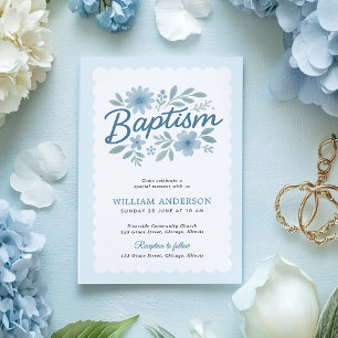 Élégant Baptême Floral Bleu Invitation