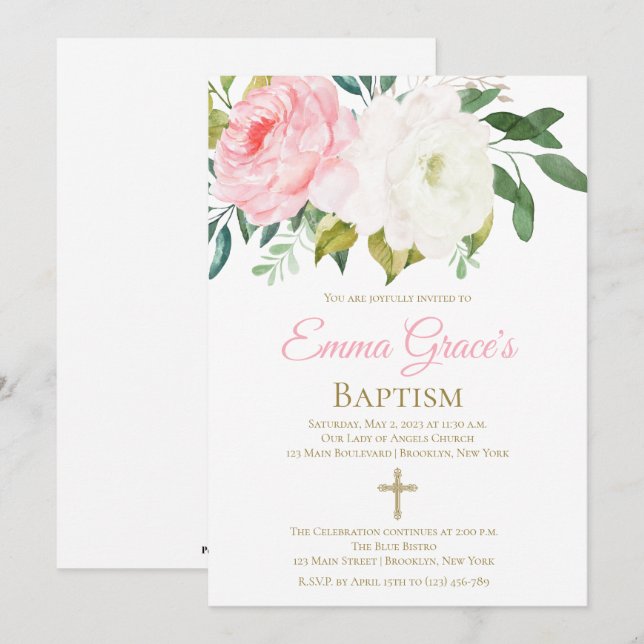 Élégant Baptême Floral Christening Invitation (Devant / Derrière)