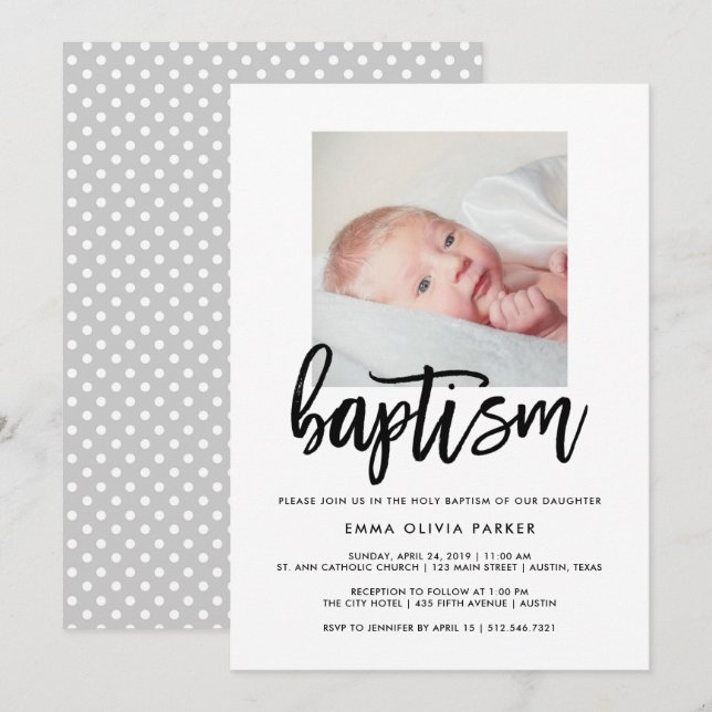 Élégant Baptême Invitation avec la photo de bébé (Devant / Derrière)