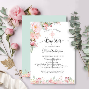 Élégant Baptême Rose Or, Mint Floral Invitation