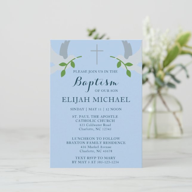 Elegant Baptism Blue Doves and Cross Invitation (Standing Front)