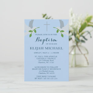 Elegant Baptism Blue Doves and Cross Invitation