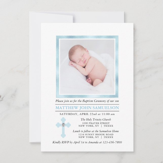 Elegant BAPTISM CHRISTENING Cross Blue Boy | PHOTO Invitation (Front)