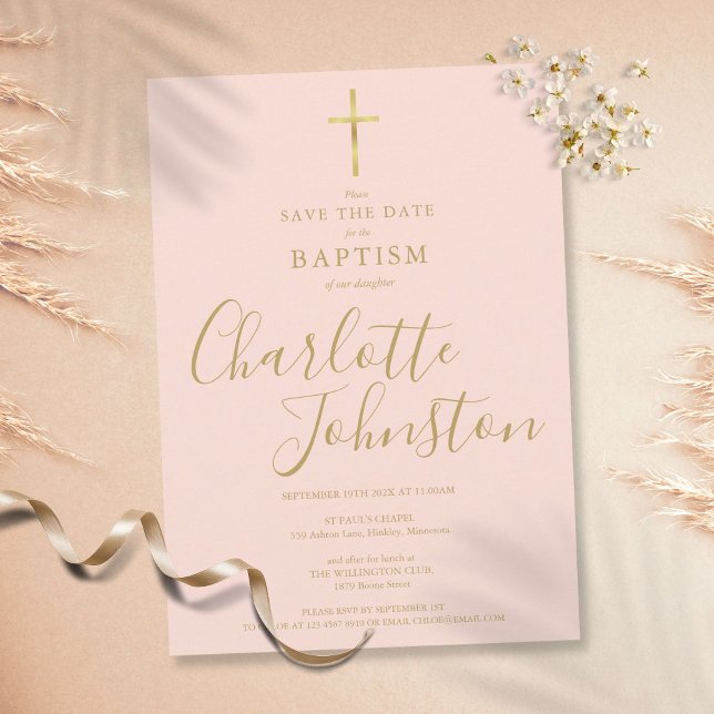 Elegant Baptism Christening Gold Script Blush Pink Save The Date (Creator Uploaded)