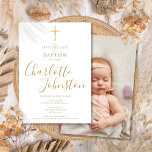 Elegant Baptism Christening Gold Signature Photo Save The Date<br><div class="desc">Elegant baptism christening gold signature save the date invitation featuring an elegant golden script signature name. Personalize with your special baptism or christening information in chic gold lettering and photo on the reverse. Designed by Thisisnotme©</div>