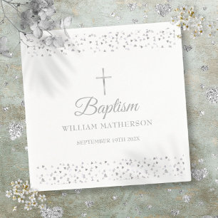 Elegant Baptism Christening Silver Hearts Napkin