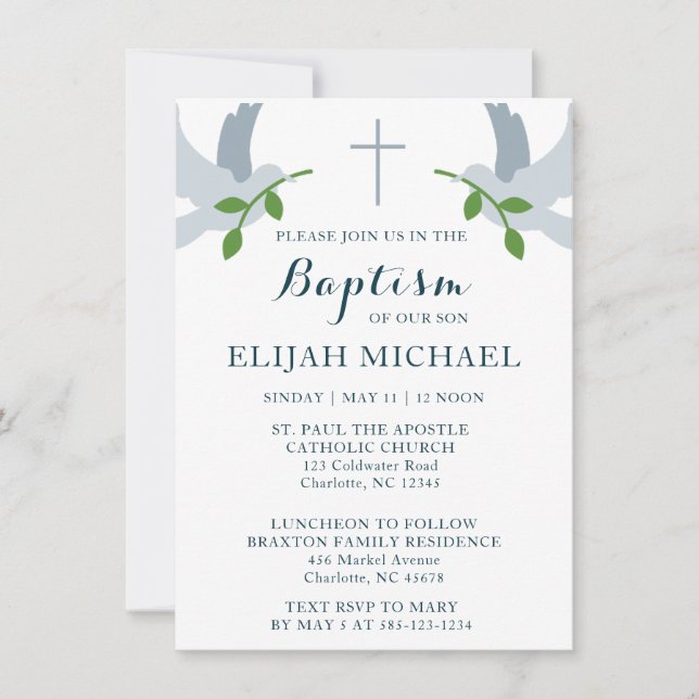 Elegant Baptism Doves and Cross Invitation (Front)