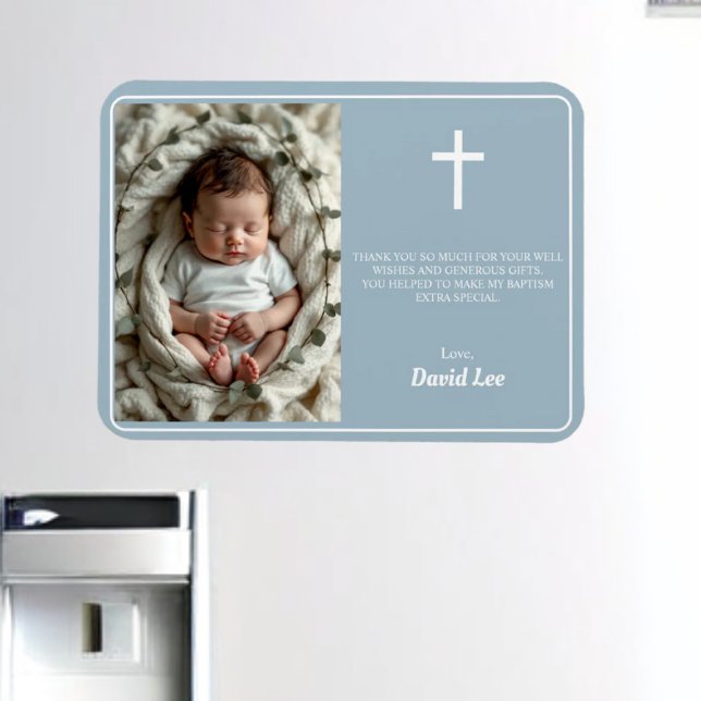 Elegant Baptism Dusty Blue Thank You Photo Magnet (Creator Uploaded)