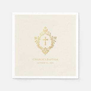 Elegant Baptism Faux Gold Cross in Crest Ivory Napkin