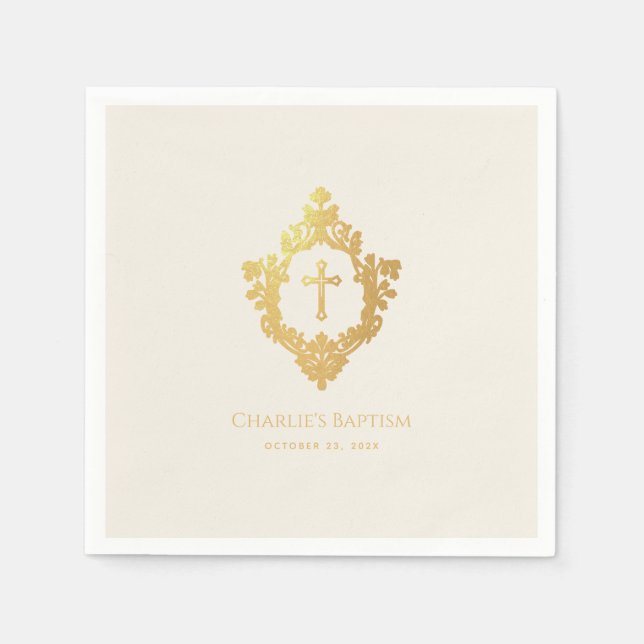 Elegant Baptism Faux Gold Cross in Crest Ivory Napkin (Front)