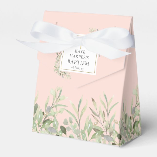 Elegant Baptism Greenery Foliage Blush Pink Favor Box (Front Side)