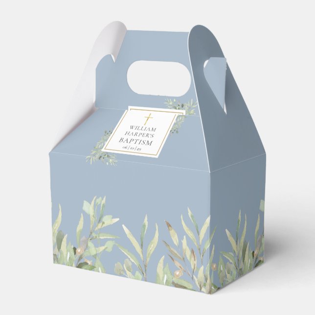 Elegant Baptism Greenery Leaves Dusty Blue Favor Box (Front Side)