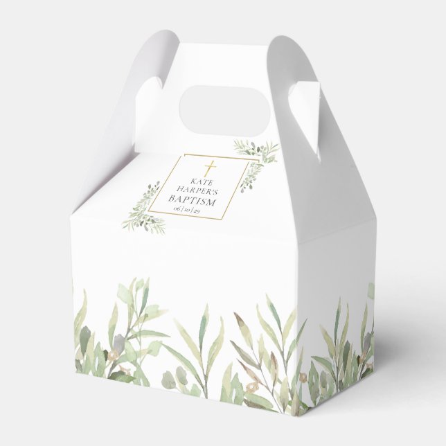Elegant Baptism Greenery Leaves Favour Box (Front Side)