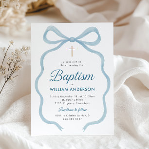 Elegant Baptism Invitation with Blue Bow and Cross