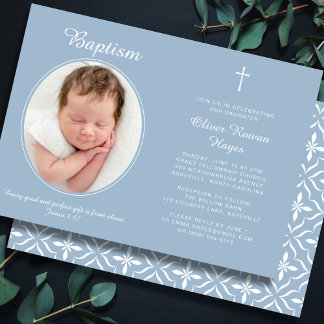 Elegant Baptism Religious Cross Photo Dusty Blue Invitation