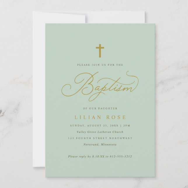 Elegant Baptism Sage Script Cross Invitation (Front)
