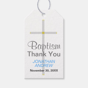 Elegant Baptism Silver Cross Blue Thank You   Gift Tags