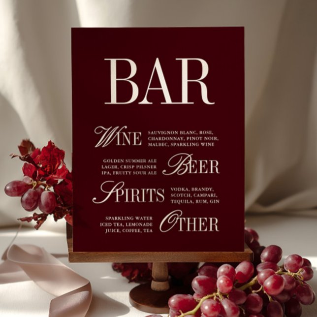 Elégant Bar Bourgogne Menu Boissons Mariage Table (Elegant Burgundy Bar Menu Drinks Wedding Tabletop)