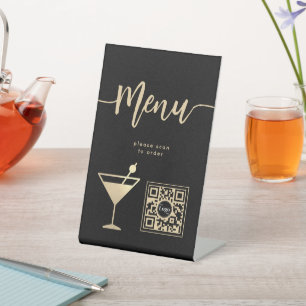 Elegant Bar Menu Gold Cocktail Glass QR Code  Pedestal Sign