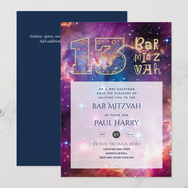 Elégant Bar MITZVAH Invitations Thème Galaxy (Devant / Derrière)