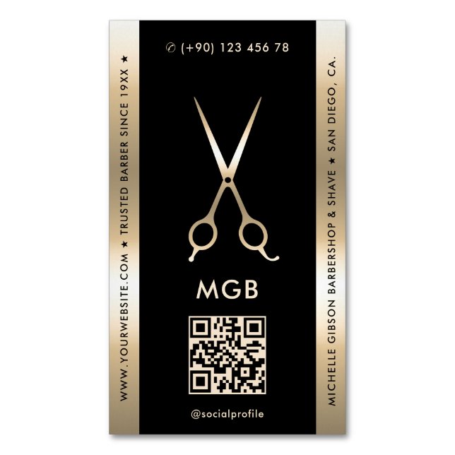 Elegant Barber Barbershop Black Gold Scissors Magnetic Business Card (Front Vertical)