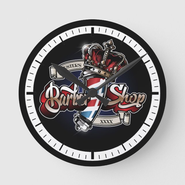 Elegant Barber Pole and Crown Logo Personalize Round Clock (Front)