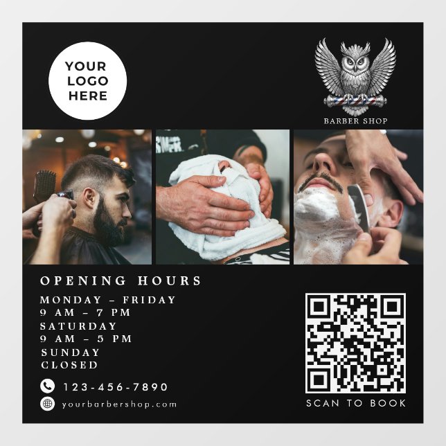 Elegant Barber Shop Silver Owl Qr Code Logo  Window Cling (Sheet)