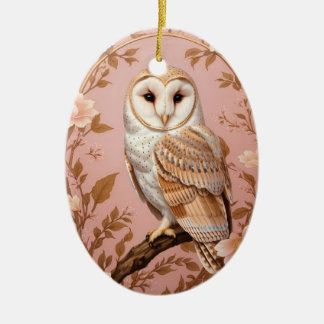 Elegant Barn Owl Pink and Gold Floral  Ceramic Ornament