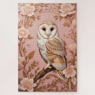 Elegant Barn Owl Pink and Gold Floral  Jigsaw Puzzle