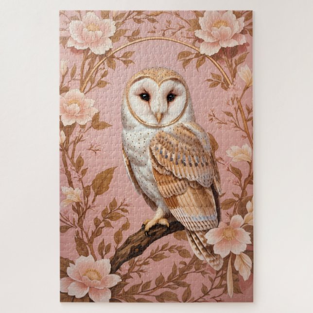 Elegant Barn Owl Pink and Gold Floral  Jigsaw Puzzle (Vertical)