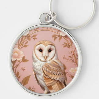 Elegant Barn Owl Pink and Gold Floral  Keychain