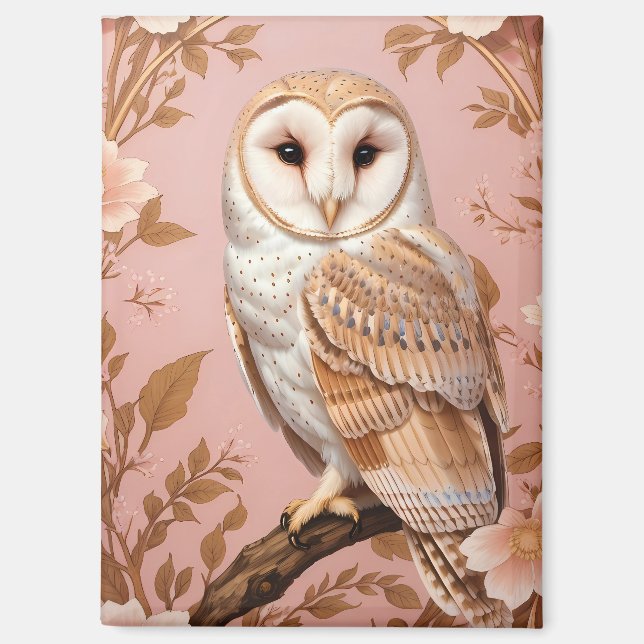 Elegant Barn Owl Pink and Gold Floral  Magnet (Front)
