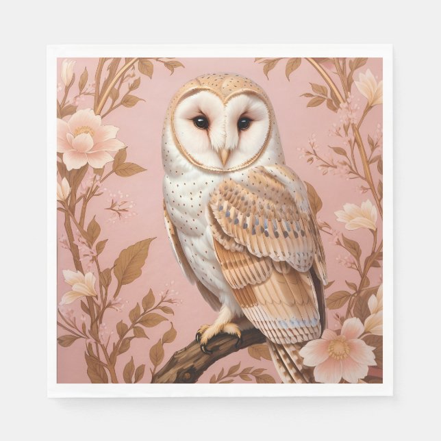 Elegant Barn Owl Pink and Gold Floral  Napkin (Front)