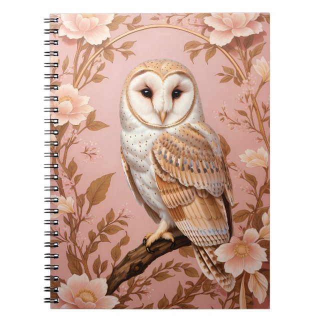 Elegant Barn Owl Pink and Gold Floral  Notebook (Front)