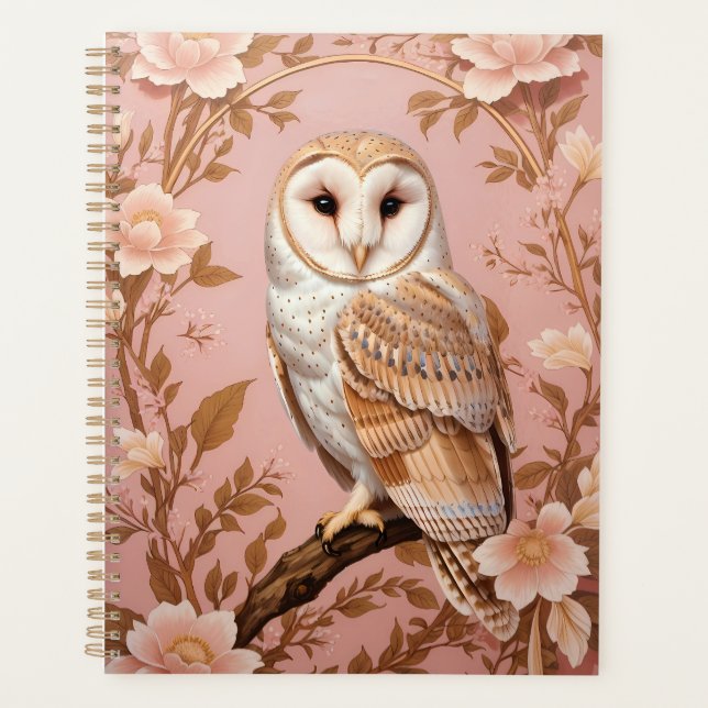 Elegant Barn Owl Pink and Gold Floral  Planner (Front)
