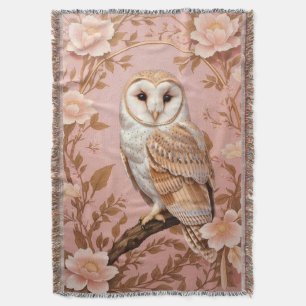 Elegant Barn Owl Pink and Gold Floral  Throw Blanket