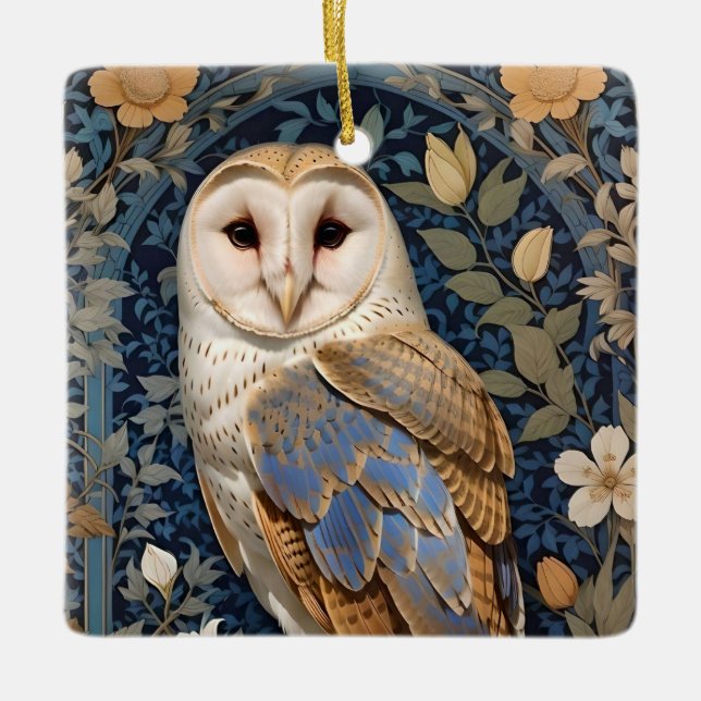 Elegant Barn Owl William Morris Inspired Floral Ceramic Ornament (Front)