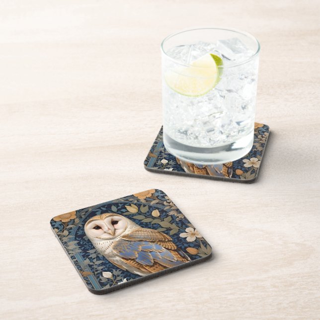 Elegant Barn Owl William Morris Inspired Floral Coaster (Right Side)
