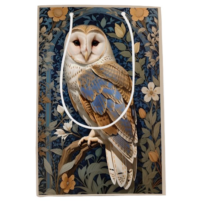 Elegant Barn Owl William Morris Inspired Floral Medium Gift Bag (Front)