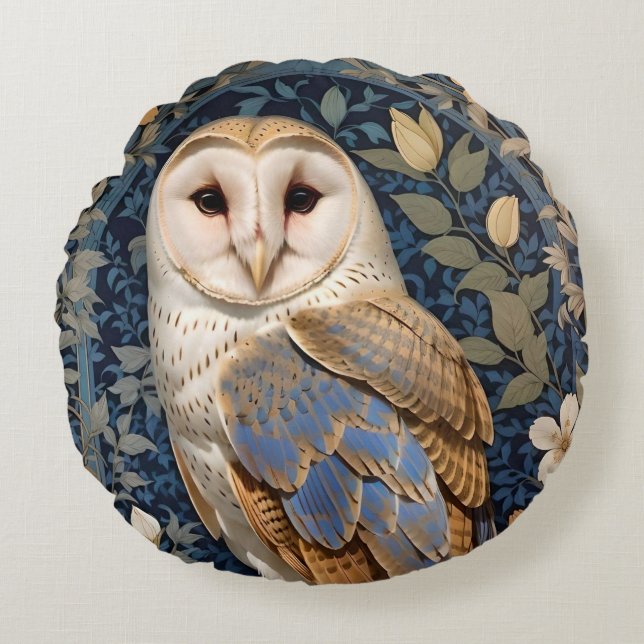 Elegant Barn Owl William Morris Inspired Floral Round Pillow (Front)