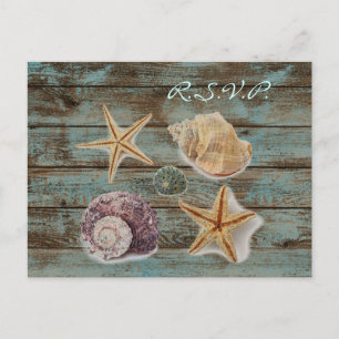 elegant barnwood seashells beach wedding rsvp invitation postcard