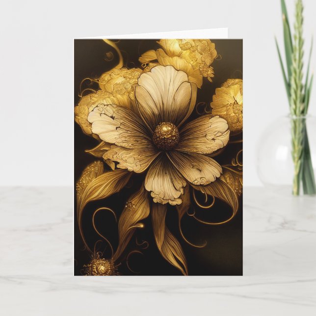 Elegant Baroque Black & Gold Floral Notecard (Front)