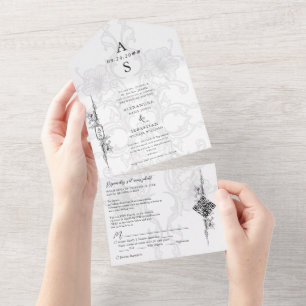 Elegant Baroque Black White Floral Formal Wedding All In One Invitation