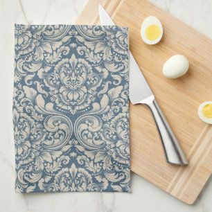 Elegant Baroque Blue Damask Brocade on White Kitchen Towel