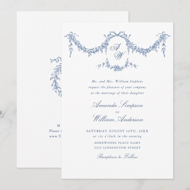Elegant Baroque Blue French Garden Floral Wedding Invitation (Front/Back)