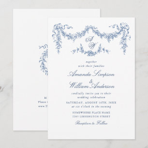 Elegant Baroque Blue French Garden Floral Wedding Invitation